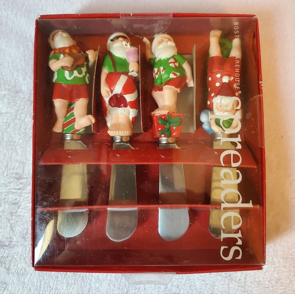 NIB Vintage Boston Warehouse Tropical Santa Holiday Spreaders Set of 4